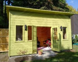 Utility Door on left, sitting area of garden shed